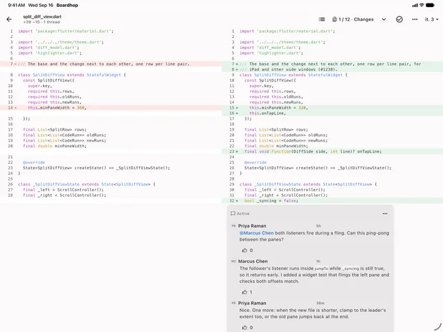 A pull request diff side by side on an iPad, with the file tree beside it.