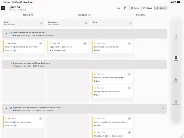 A sprint taskboard on an iPad with swimlanes across the screen.
