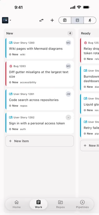 The Boardhop board view on an iPhone, showing New and Ready columns with user story and bug cards.