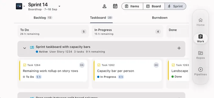 A sprint taskboard filling an iPhone held in landscape, with swimlanes of task cards.