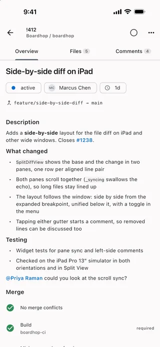 A pull request overview with reviewers and policies.